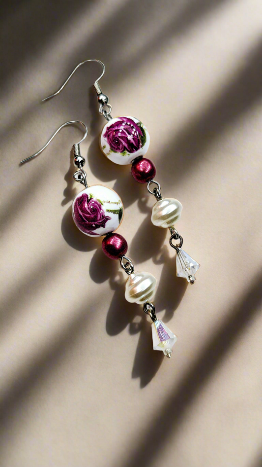 Merlot Roses & Swirling Pearls with Crystal on Silver Dangle Earrings 