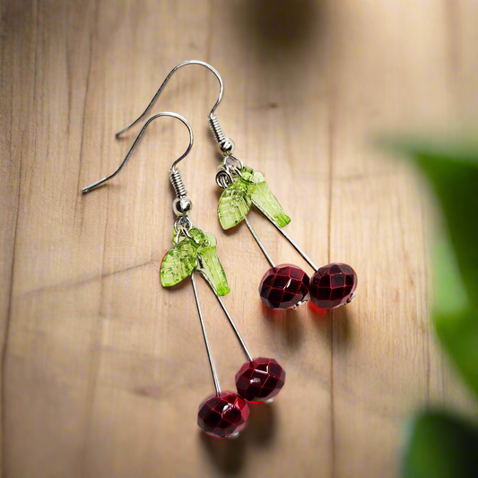 Razzle-Dazzle Red Cherry Drop Dangle Earrings with Green Leaves - 2"
