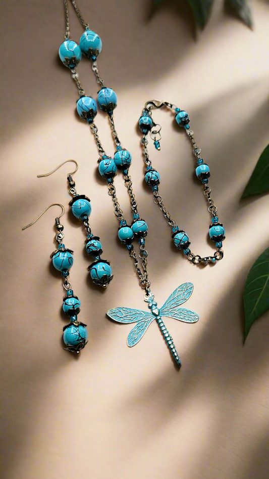 Blues & Brass Dragonfly Set - Pure Brass Dragonfly Pendant with matching Bracelet & Earrings