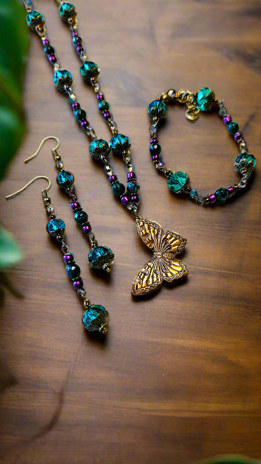 Eclectic Emerald Set - Pure Brass Butterfly Pendant Necklace, Bracelet & Earrings