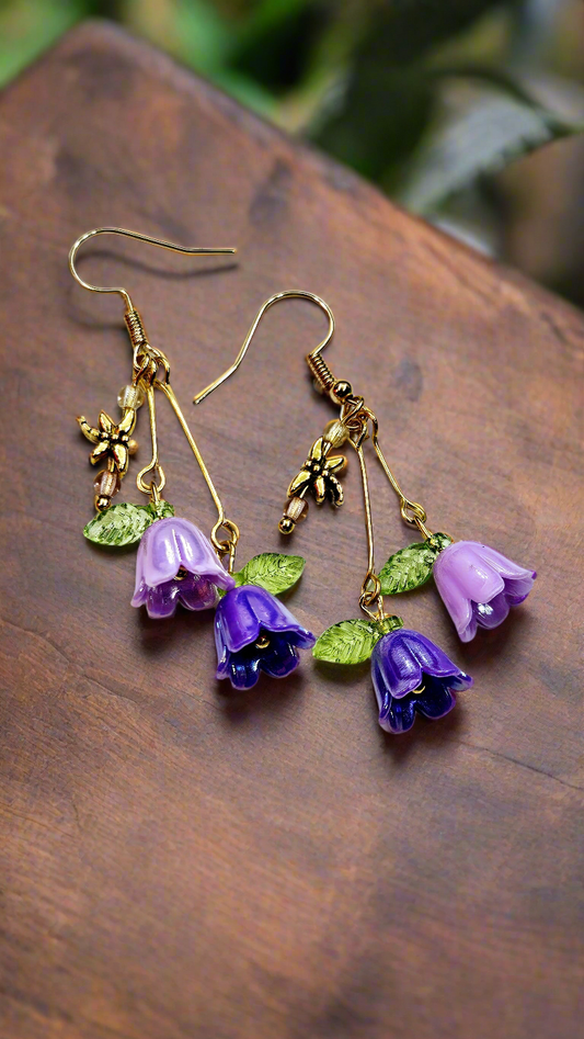 Beloved Purple Bellflowers & Tiny Dragonflies Drop Dangle Earrings(4 Styles)