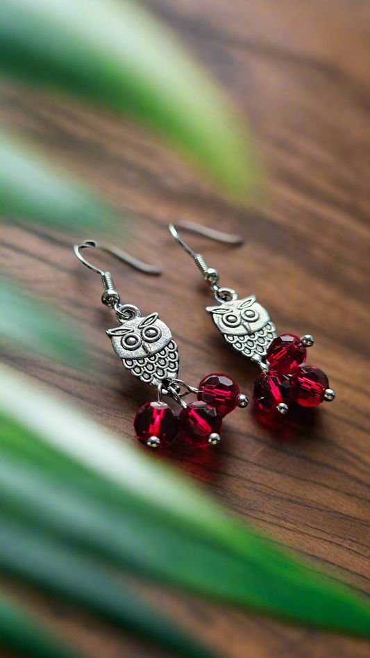 Silver Owl Charm Earrings with Red or Silver Cluster Dangles - 2"