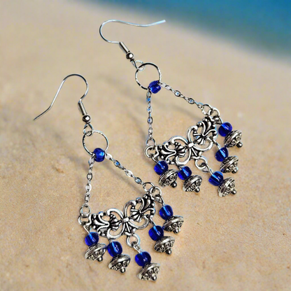 Tibetan Silver Chandelier Earrings on Chain with Blue Dangles