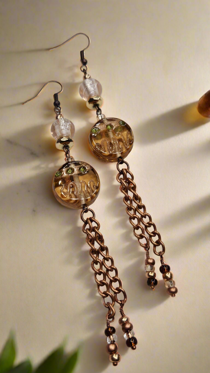 Long Antique Copper Chain Dangle Earrings with Decorated Glass - 4½"