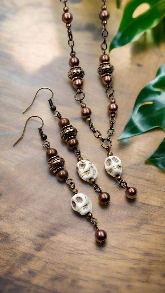 Skulls & Black Copper Set: Howlite Skull Pendant Necklace on Black Copper with Matching Earrings