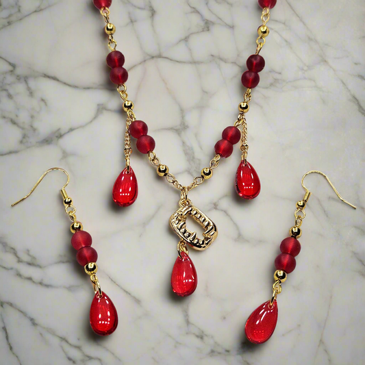 Taste for Blood Vampire Fang Necklace and Earrings with Red Glass Blood Drops Set in Gold