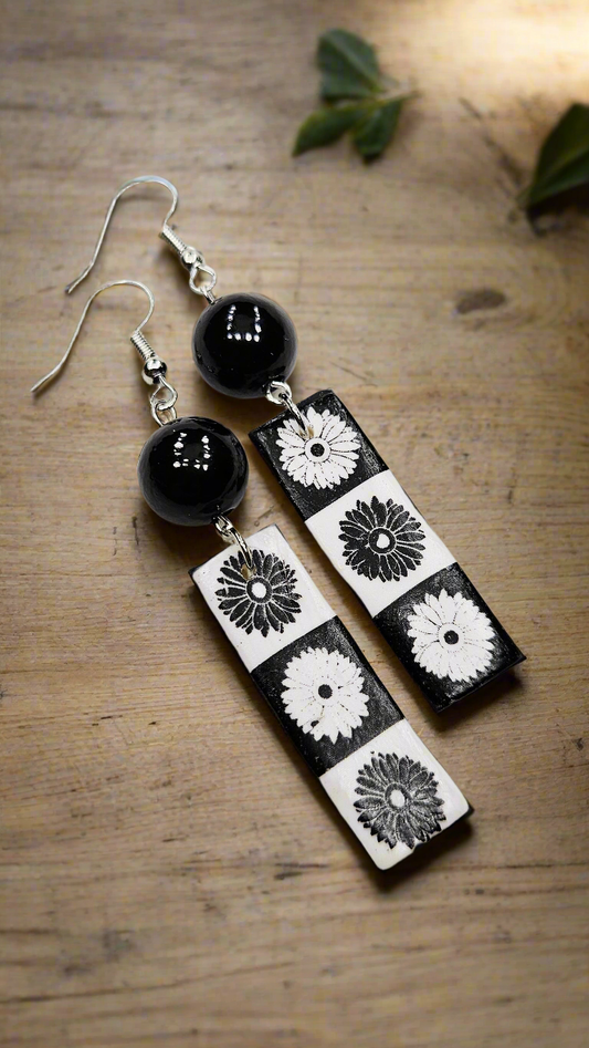Monochrome Floral Clay Bar Dangle Earrings