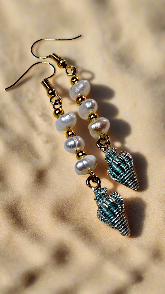 Freshwater Pearl Earrings with Blue or Rose Gold Conch Shell Dangles - 2¾"