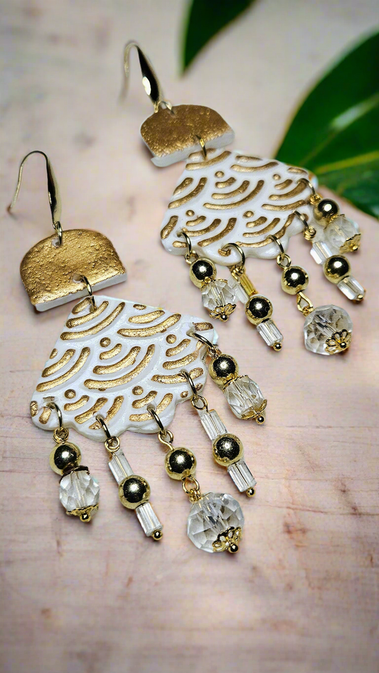 Bold Gold Clay Chandelier Earrings with Crystal Dangles - 3½"