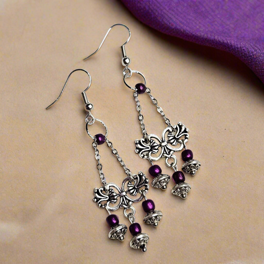 Tibetan Silver Chandelier Earrings on Chain with Purple Dangles