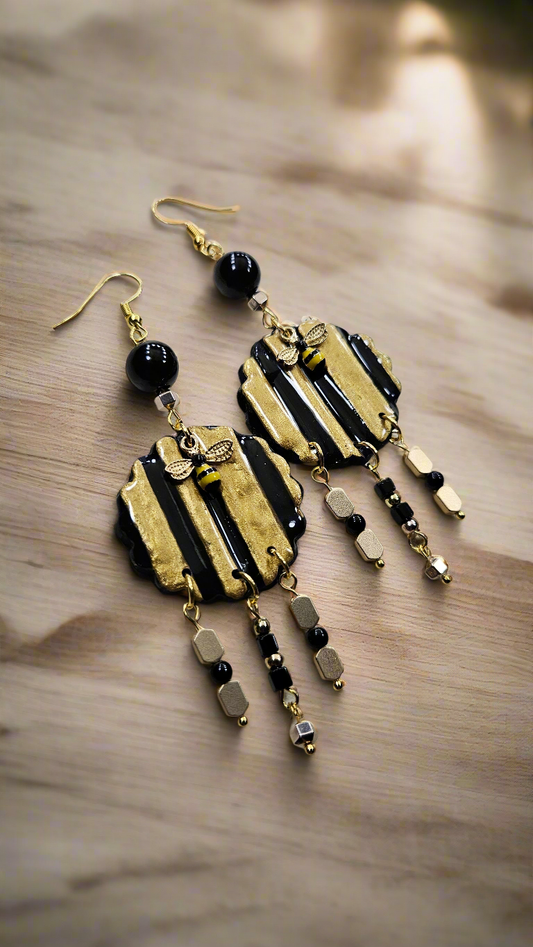 Bumble Bee Black & Gold Clay Dangle Earrings
