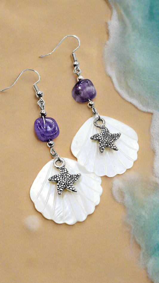 Calming Clams & Starfish: Pearlescent Clam Shells with Silver Starfish Charm & Natural Purple Stone Dangle Earrings