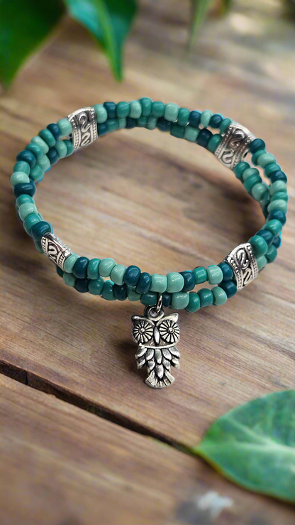 Silver Owl Charm Double Beaded Stretch Bracelet with Turquoise Colored Seed Beads