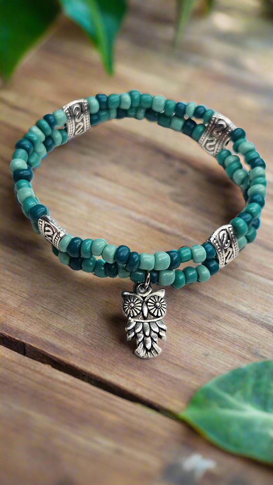 Silver Owl Charm Double Beaded Stretch Bracelet with Turquoise Colored Seed Beads