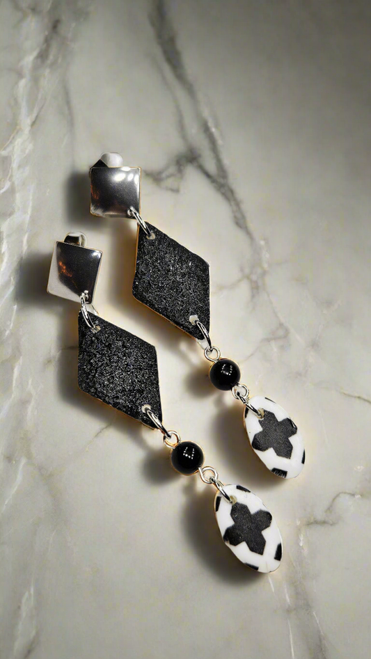 Monochrome Clay Black Kites Dangle Earrings with Cross Print Oval Buttons 