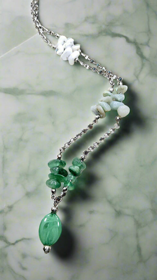 Green Natural Stone Cascade Silver Chain Necklace