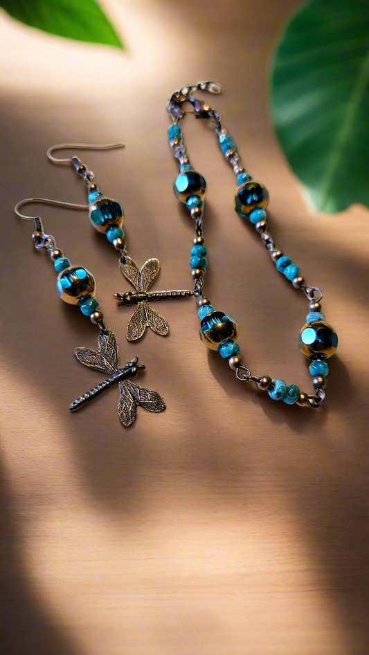 Brassy Blues Set - Pure Brass Dragonfly Charm Earrings & Blue Glass Bracelet