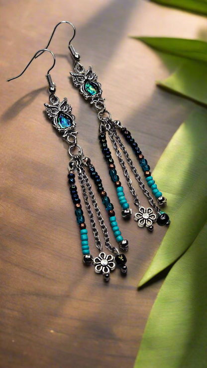 Abalone Owls with Various Seed Bead and Chain Tassel Dangle Earrings 