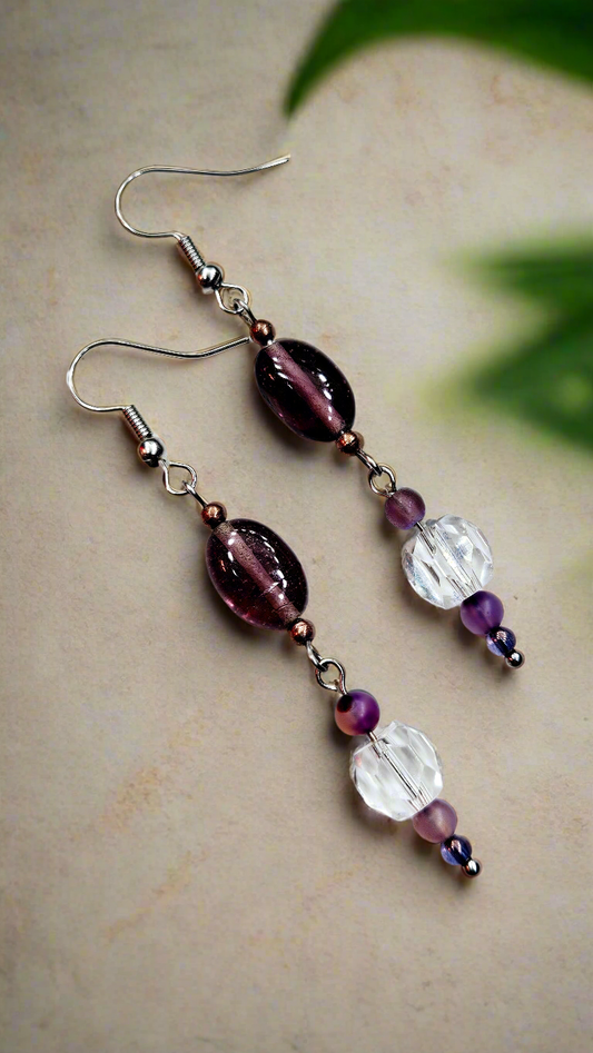 Deep Purple Oval Glass with Crystal on Silver Dangle Earrings 