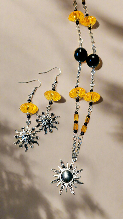 Silver Sun Pendant Necklace and Sun Charm Earrings with Black & Golden Acrylic Beads