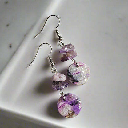 Purple Marble Clay with Gold Fleck and Amethyst Chips in Gold or Silver