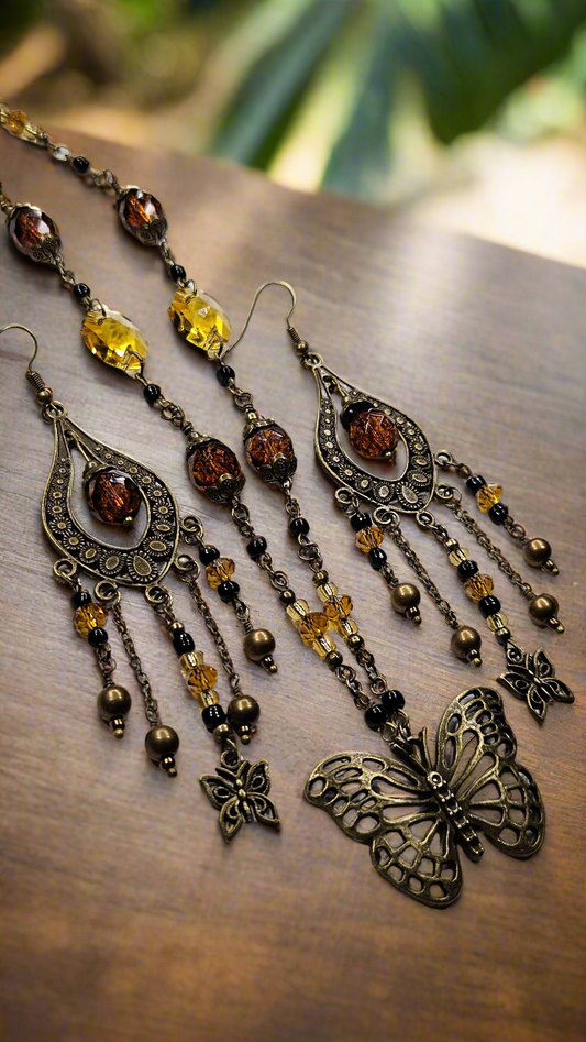 Large Brass Butterfly Pendant Necklace & Chandelier Earrings with Dark Amber and Golden Crystals