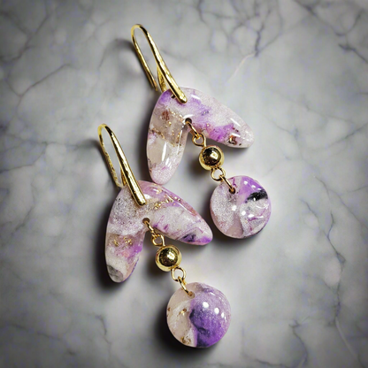 Purple Polymer Clay Marble Dangle Earrings in Gold