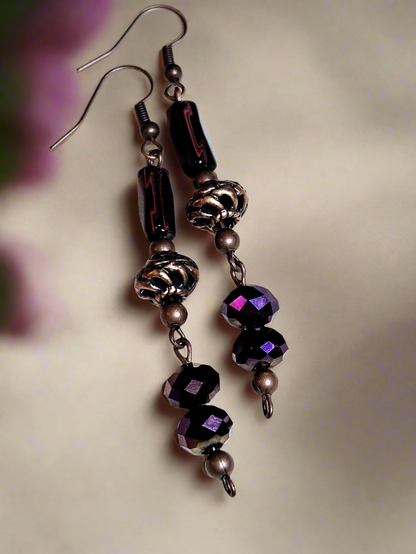 Antiqued Copper Earrings with Purple Crystal Dangles - 3¼"
