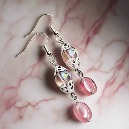 Pretty Pink Iridescent Glass Dangle Earrings with White Filigree Bell Caps