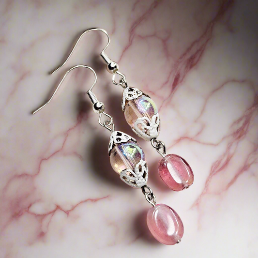 Pretty Pink Iridescent Glass Dangle Earrings with White Filigree Bell Caps