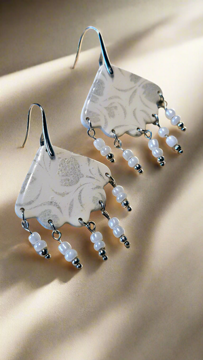 Vintage Silver Floral Print Polymer Clay Chandelier Earrings with Crystal or White Dangles - 2½"