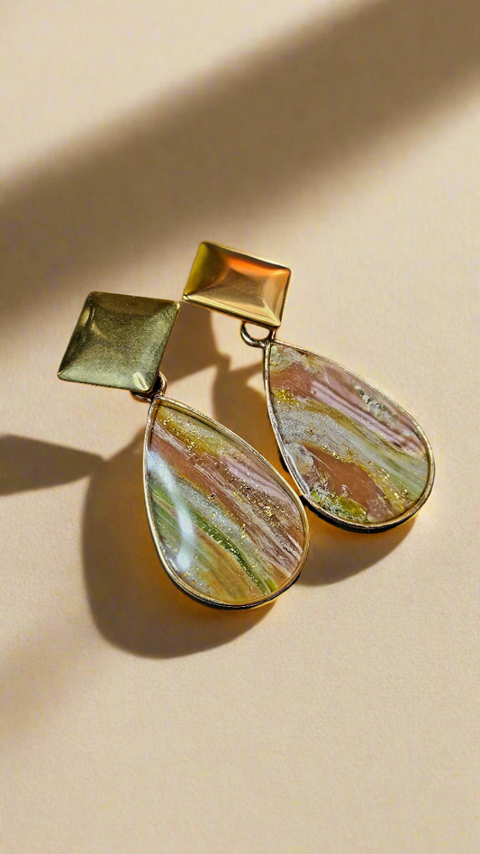 Retro Green & Gold Marbled Clay Teardrop Earrings on Golden Kite Stud - 1¾"