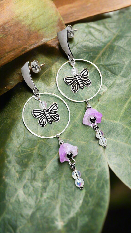Butterflies n' Bellflowers: Silver Dangling Hoop Earrings with Purple Flowers