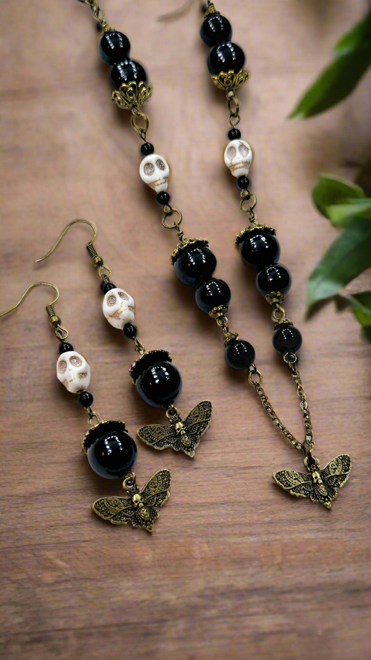 Macabre Moth & Skull Set: Brass Death Moth Pendant Necklace with Howlite Skulls & Matching Earrings