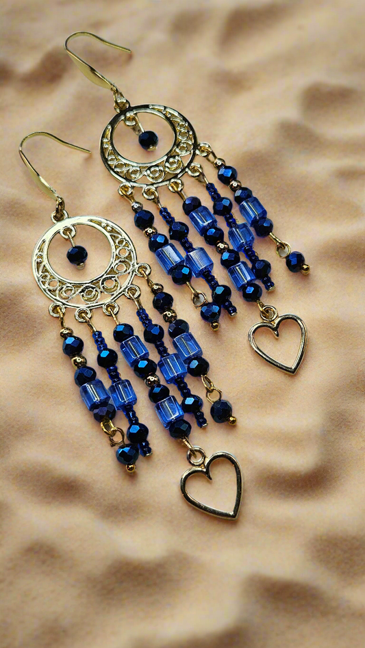 Gold Boho Chandelier Earrings with Dark Blue Crystals & Gold Heart Dangles - 3¾"