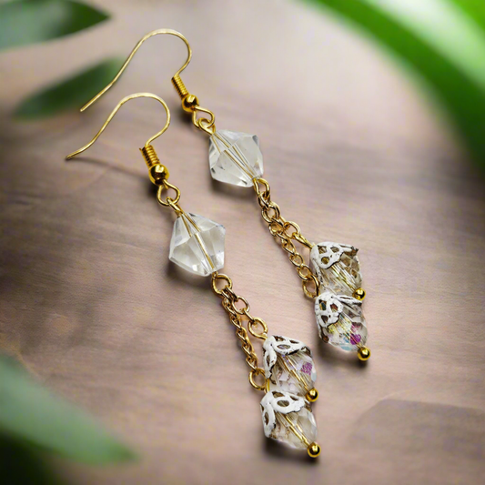 Iridescent Crystal Teardrop Drop Chain Dangle Earrings with White Filigree Bell Caps - 2½"