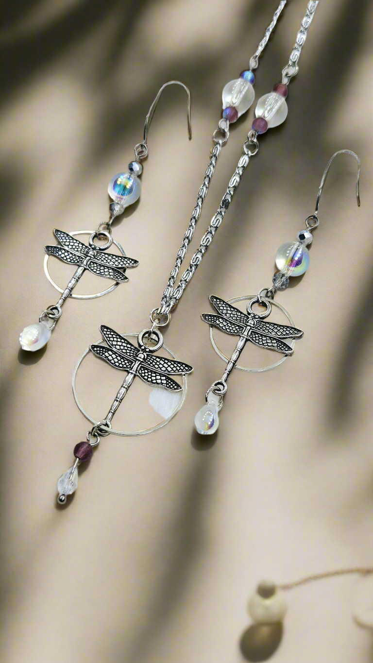 Dreamy Dragonflies Set: Silver Dragonfly Pendant Necklace with Matching Earrings
