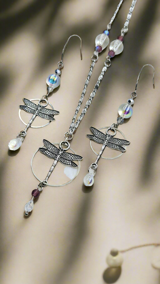 Dreamy Dragonflies Set: Silver Dragonfly Pendant Necklace with Matching Earrings