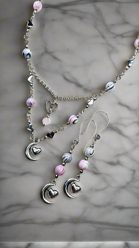 Pink Luna Love Set - Silver Moon-heart Pendant Necklace & Matching Moon-heart Charm Earrings