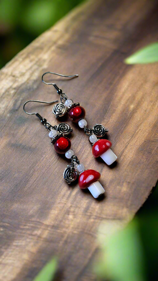 Whimsical Red Mushroom Dangle Earrings