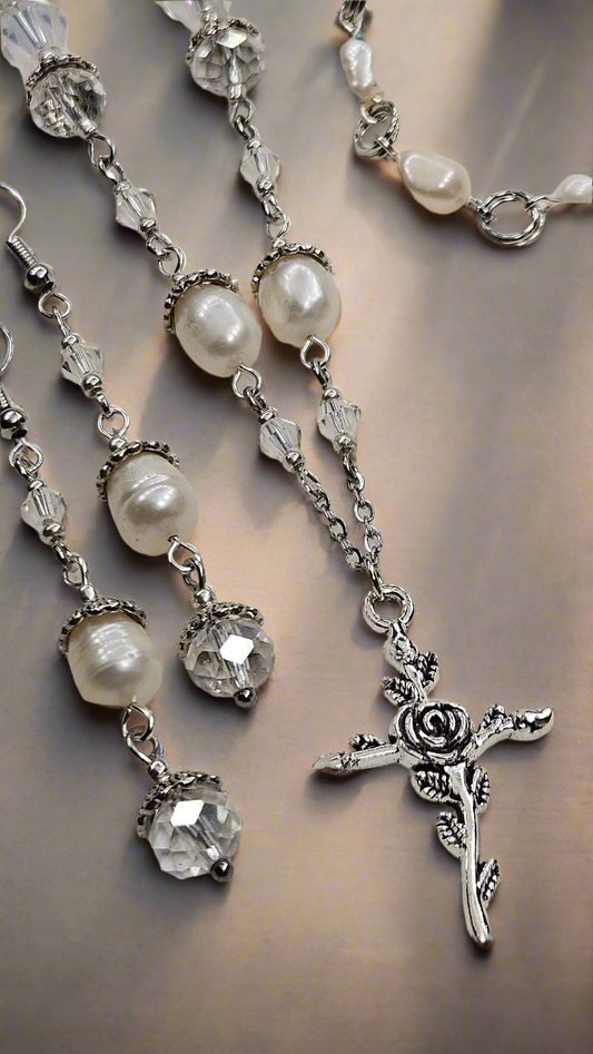 Silver Rose Cross Pendant Necklace, Earrings and Bracelet with Crystals & Freshwater Pearls