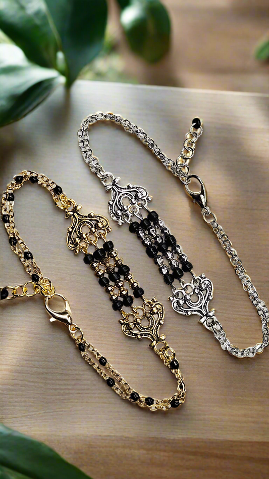Gold Or Silver Filigree and Seed Bead Double Chain Bracelet