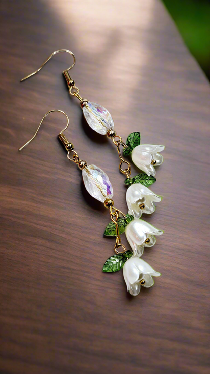 Beloved White Bellflowers with Iridescent Crystal Dangle Earrings