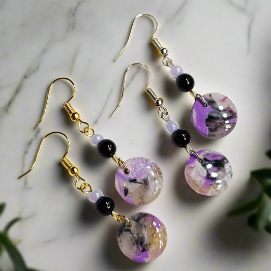 Purple Polymer Clay Marble Danngle Earrings with Black & Light Purple Beads in Gold or Silver