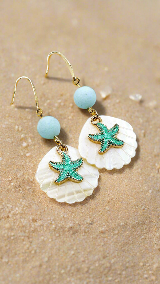 Light Blue Frosted Glass Earrings with Pearlescent Clam Shells and Teal Blue Starfish Charm Dangles - 2½"