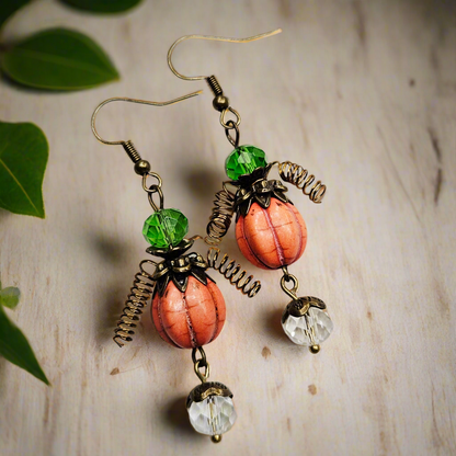 Orange Pumpkin Men Earrings with Round Crystal Dangles