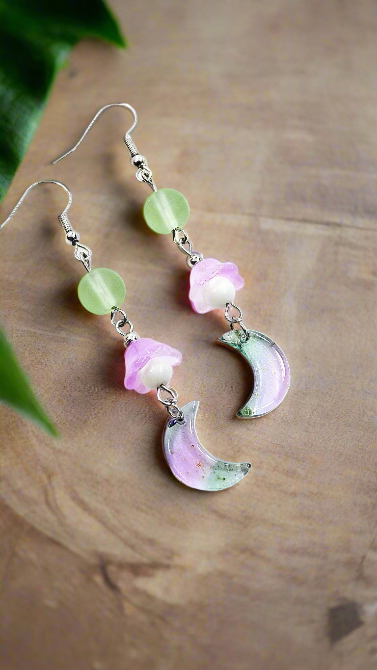 Mystical Moons & Bellflowers: Jade Green and Purple Moons with Gold Fleck & Purple Bellflowers Dangle Earrings