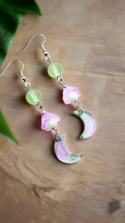 Mystical Moons & Bellflowers: Jade Green and Purple Moons with Gold Fleck & Purple Bellflowers Dangle Earrings