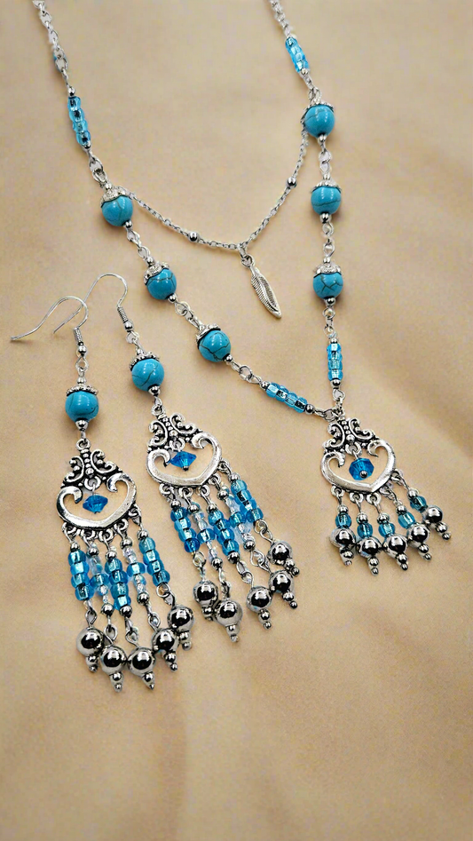 Intricate Filigree Chandelier Pendant Necklace & Chandelier Earrings with Turquoise Stones & Blue Glass