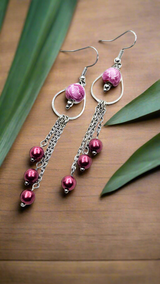 Rouge Red & Silver Teardrop Hoop with Beaded Chain Tassel Dangle Earrings
